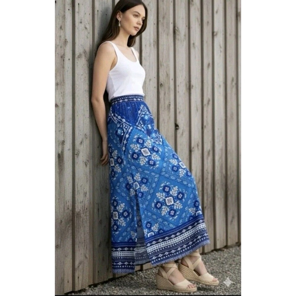 Johnny Was Linen High Double Slit Floral Skirt Ciena Medium Boho Festival Hippie